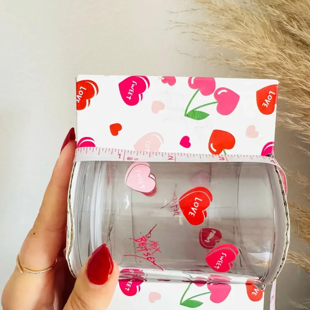 2 NEW BETSEY JOHNSON Clear Glass Red Pink XO Heart Coffee Tea Mugs Glasses Set